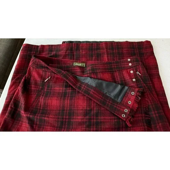 Eddie Bauer Skirt Womens 18 Red Wool Plaid Maxi Fringed Blanket Wrap Preppy Acad - Picture 4 of 7